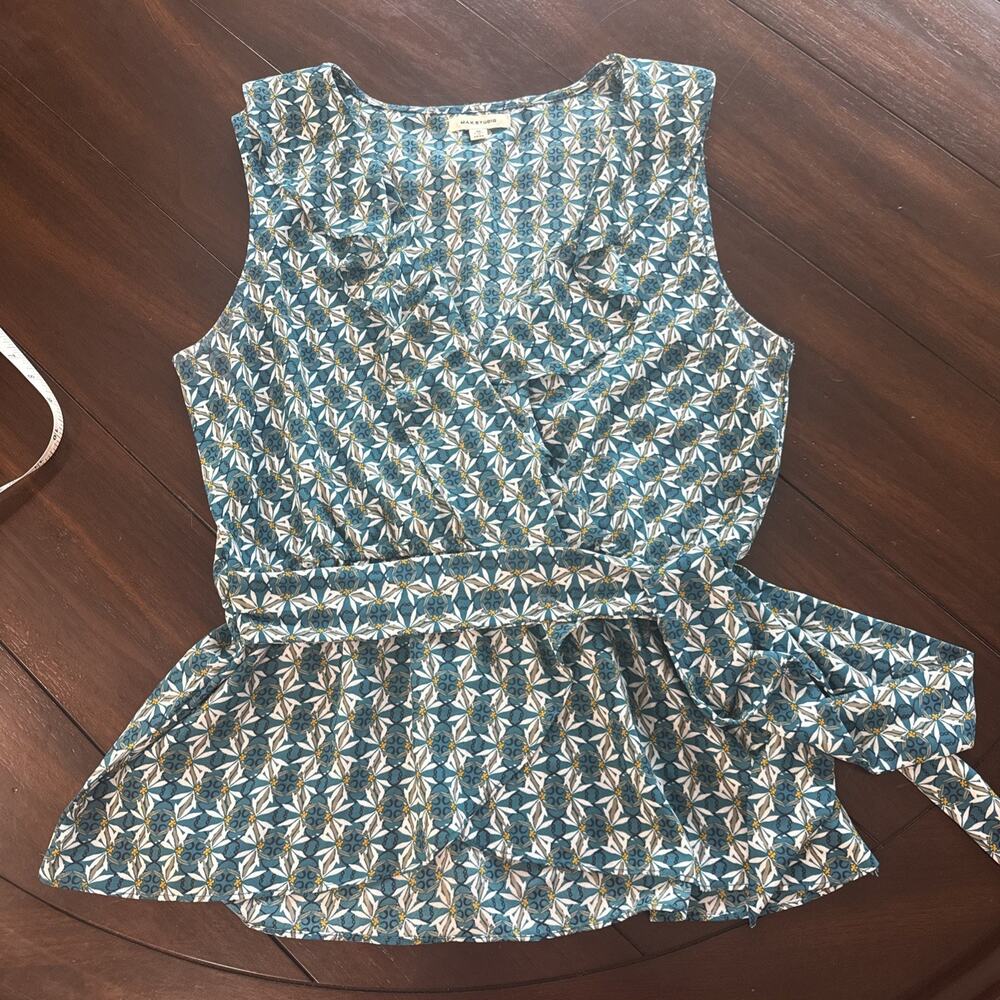 Max Studio Teal Womens Print Flutter Neck Button Front Blouse Size M Self Tie